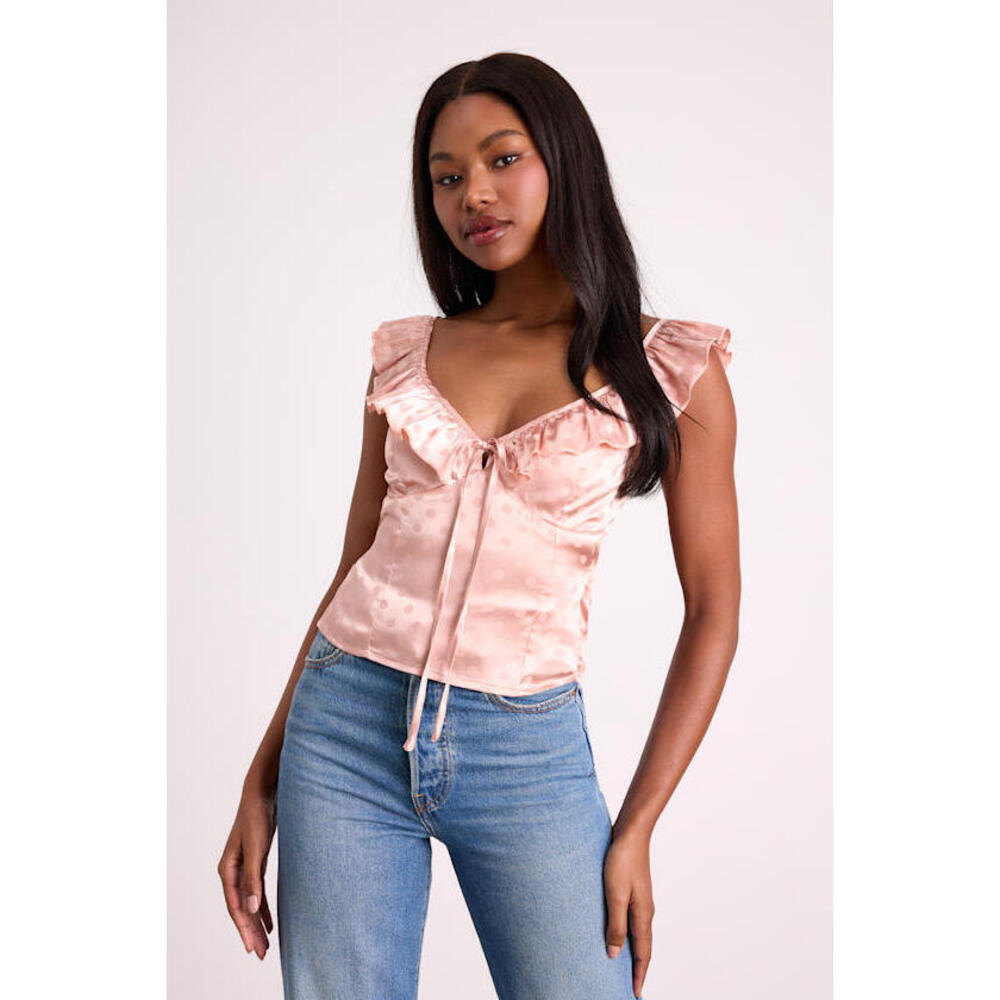 Lulus Vivi Light Pink Polka Dot Satin Ruffled Tie-back Top - Size L